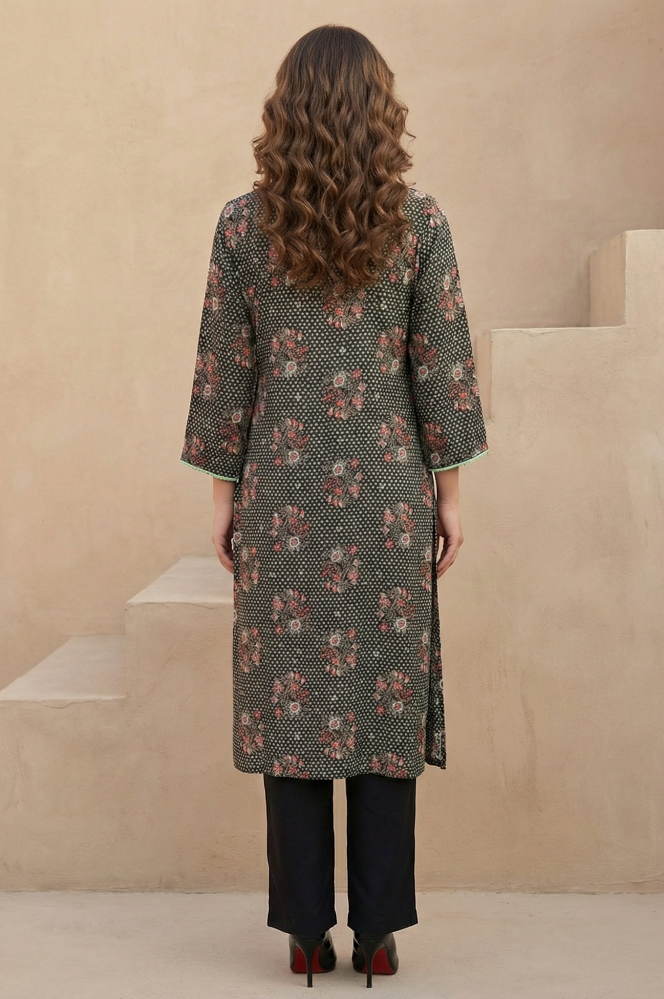 Black Floral Printed Rayon Straight Kurta