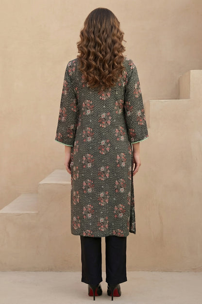Black Floral Printed Rayon Straight Kurta