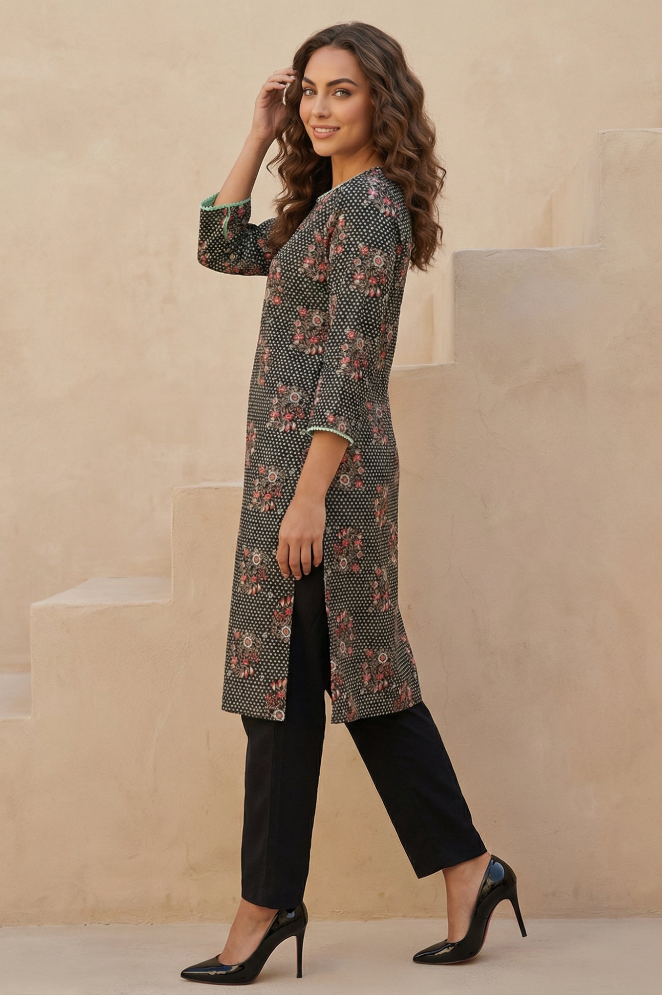 Black Floral Printed Rayon Straight Kurta