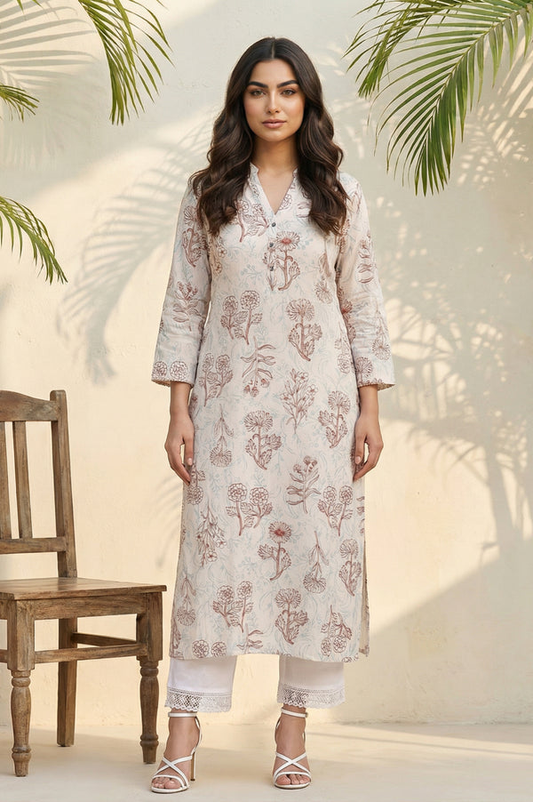 Off White Floral Printed Rayon Straight Kurta