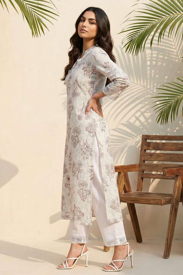 Off White Floral Printed Rayon Straight Kurta