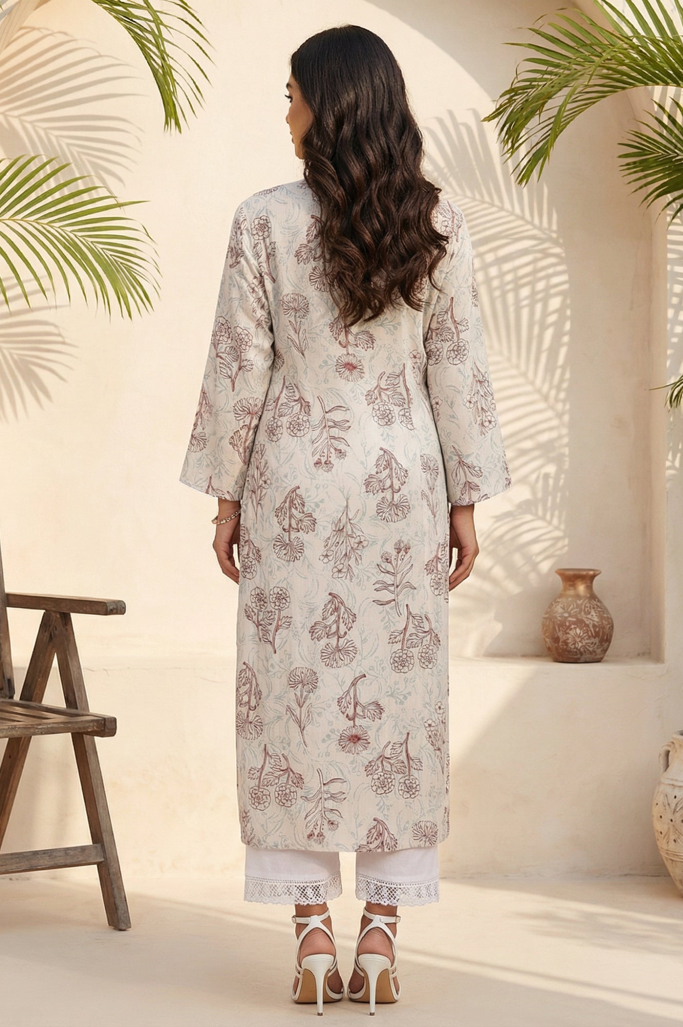 Off White Floral Printed Rayon Straight Kurta