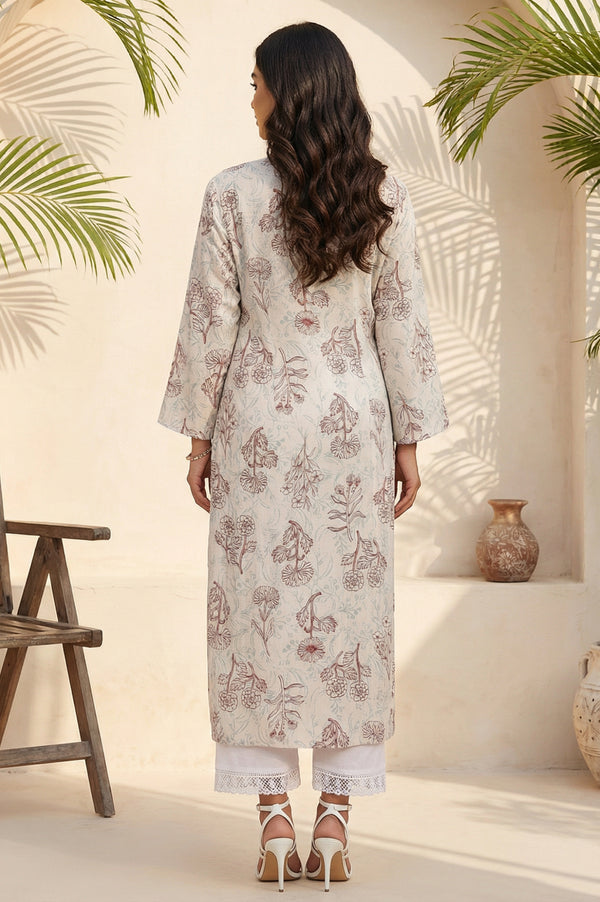 Off White Floral Printed Rayon Straight Kurta