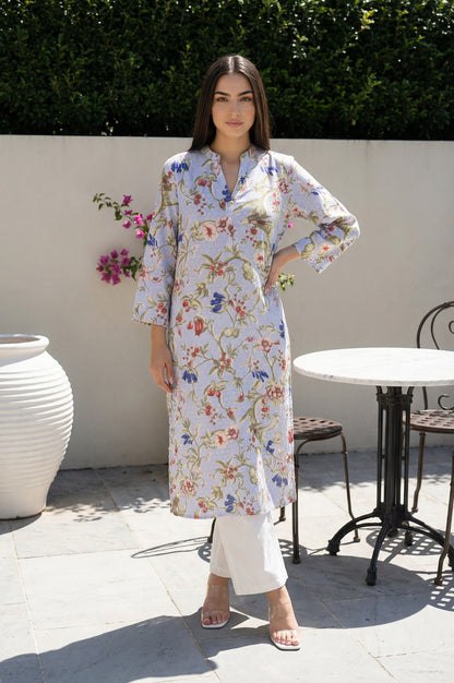 Blue Floral Printed Straight Rayon Kurta