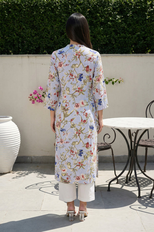 Blue Floral Printed Straight Rayon Kurta