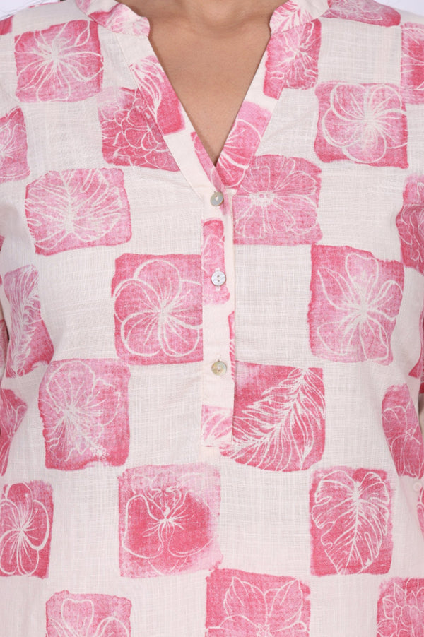 Off White Floral Printed Pure Cotton Straight Kurta