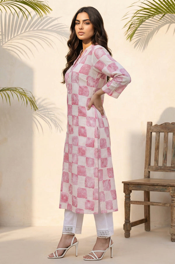 Off White Floral Printed Pure Cotton Straight Kurta