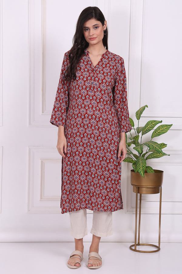 Red Floral Printed Rayon Straight Kurta