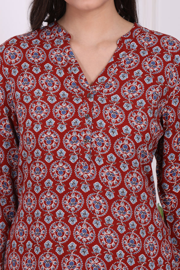 Red Floral Printed Rayon Straight Kurta