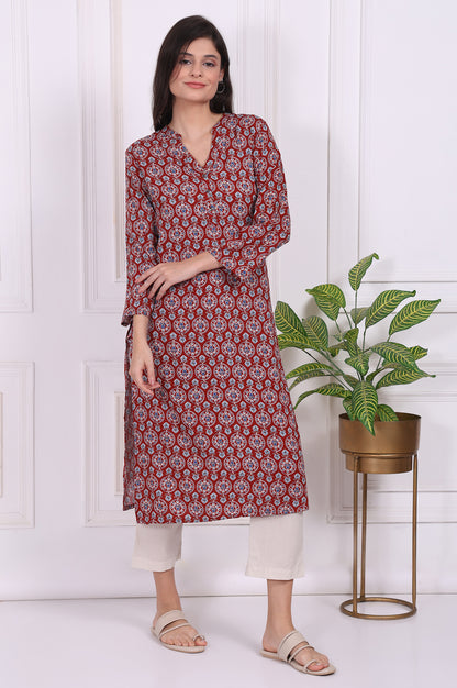 Red Floral Printed Rayon Straight Kurta