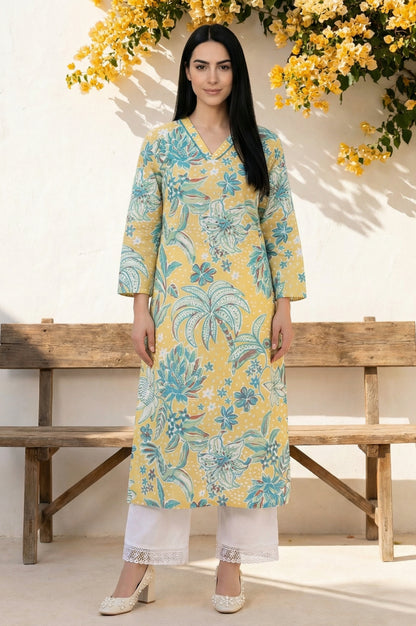 Yellow Floral Printed Pure Cotton Straight Kurta