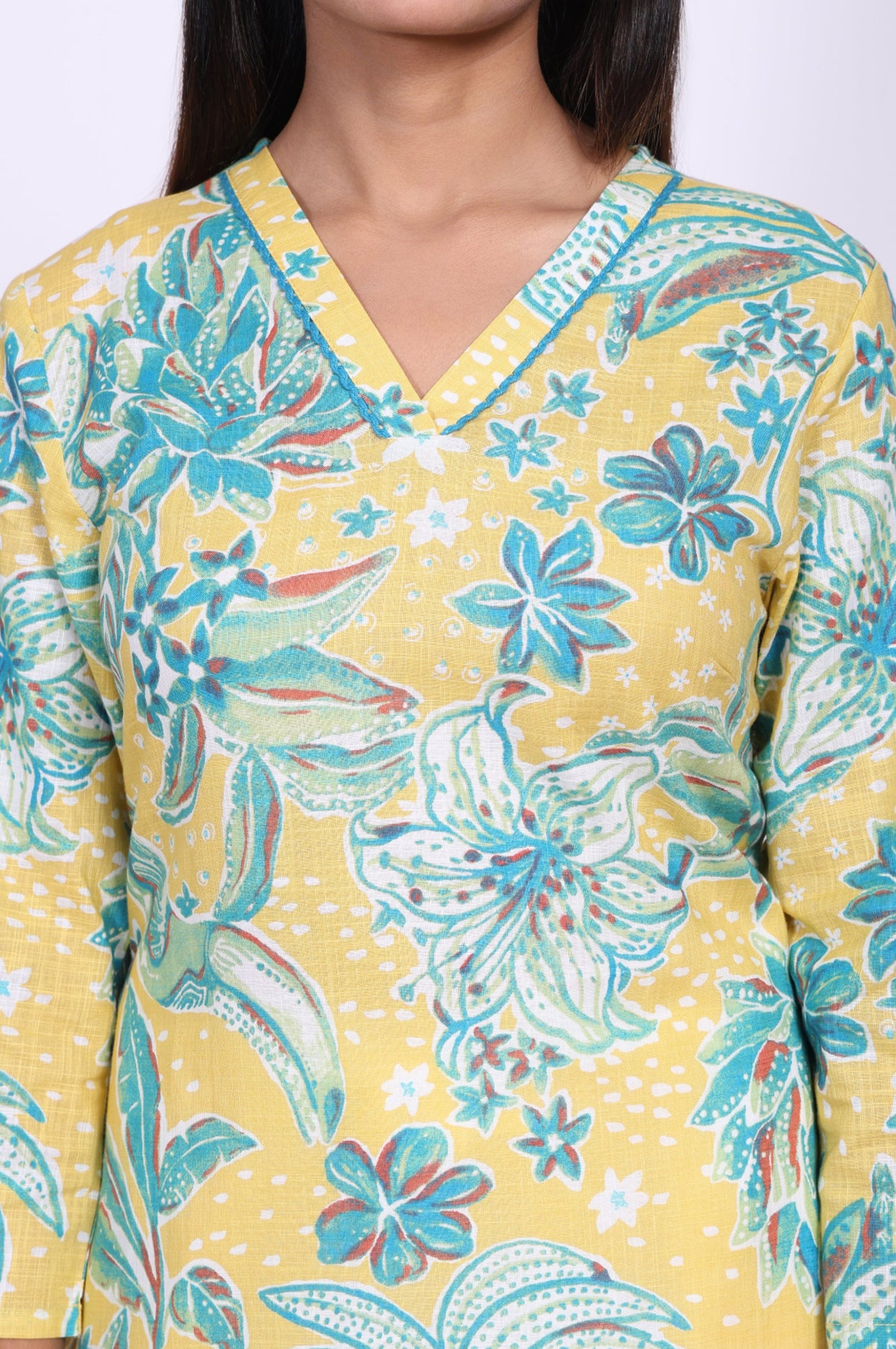 Yellow Floral Printed Pure Cotton Straight Kurta