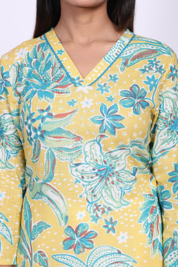 Yellow Floral Printed Pure Cotton Straight Kurta