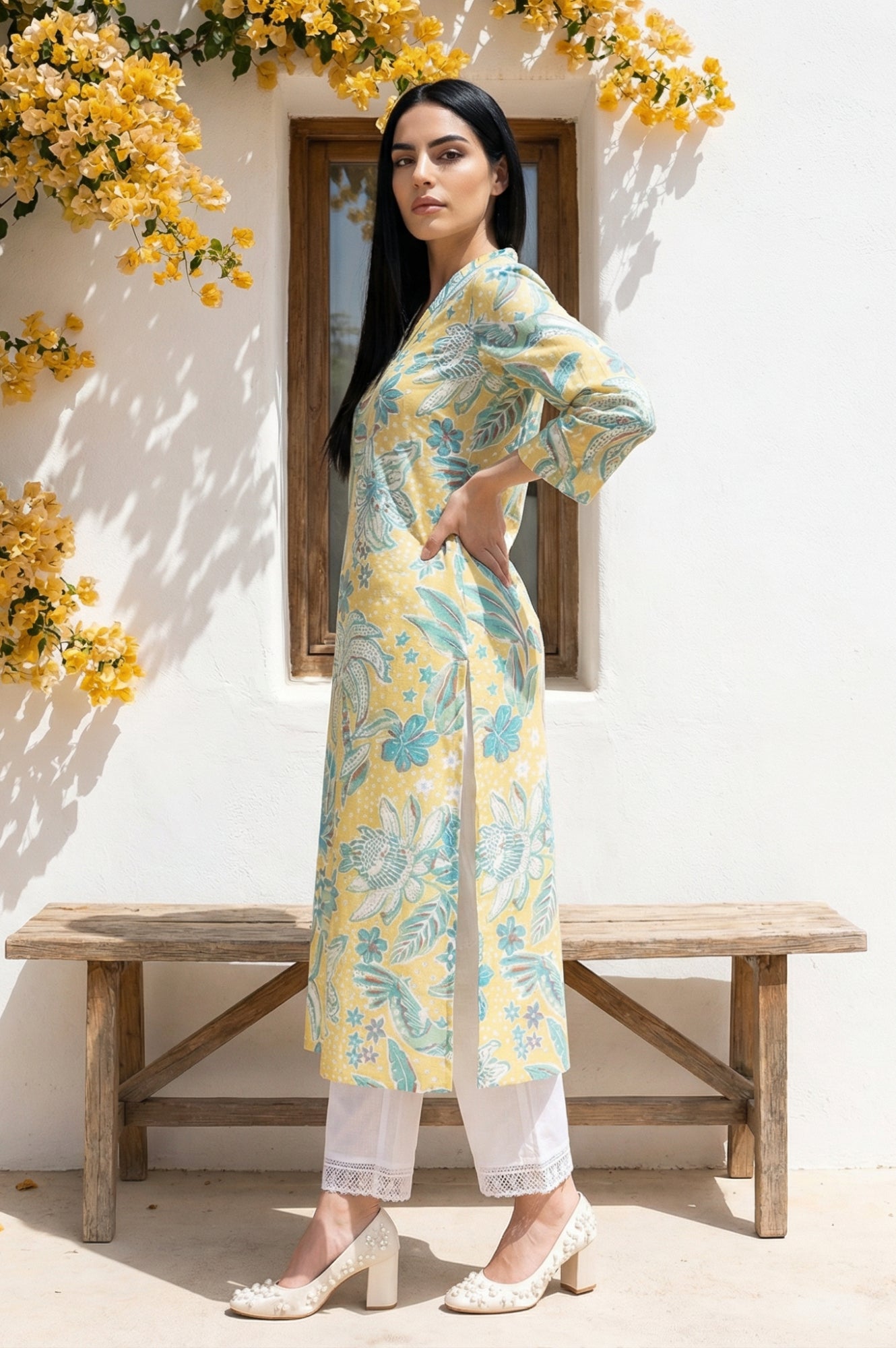 Yellow Floral Printed Pure Cotton Straight Kurta