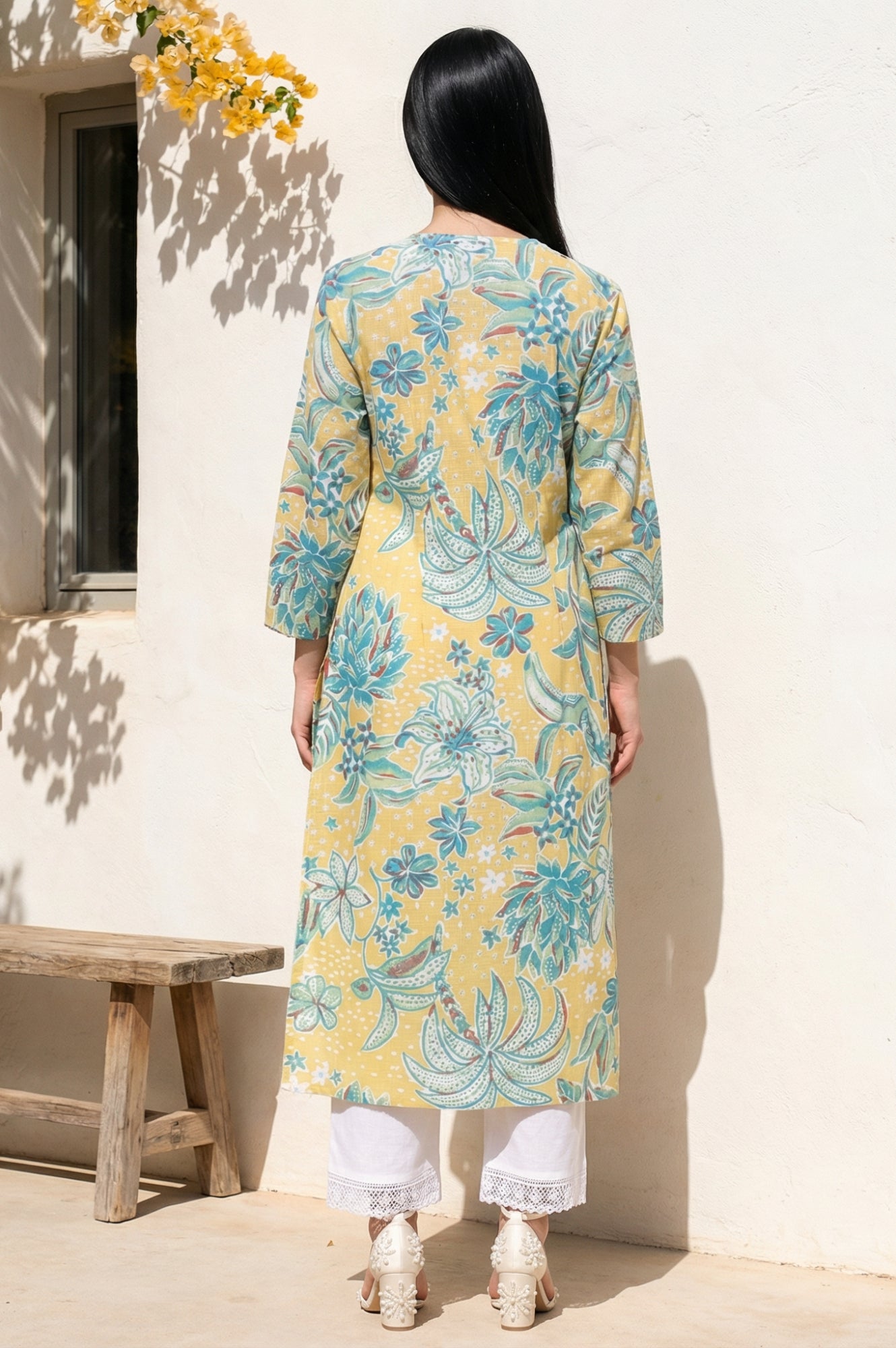 Yellow Floral Printed Pure Cotton Straight Kurta