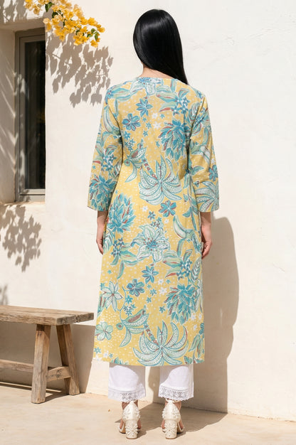 Yellow Floral Printed Pure Cotton Straight Kurta