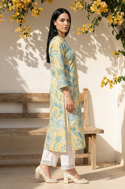 Yellow Floral Printed Pure Cotton Straight Kurta