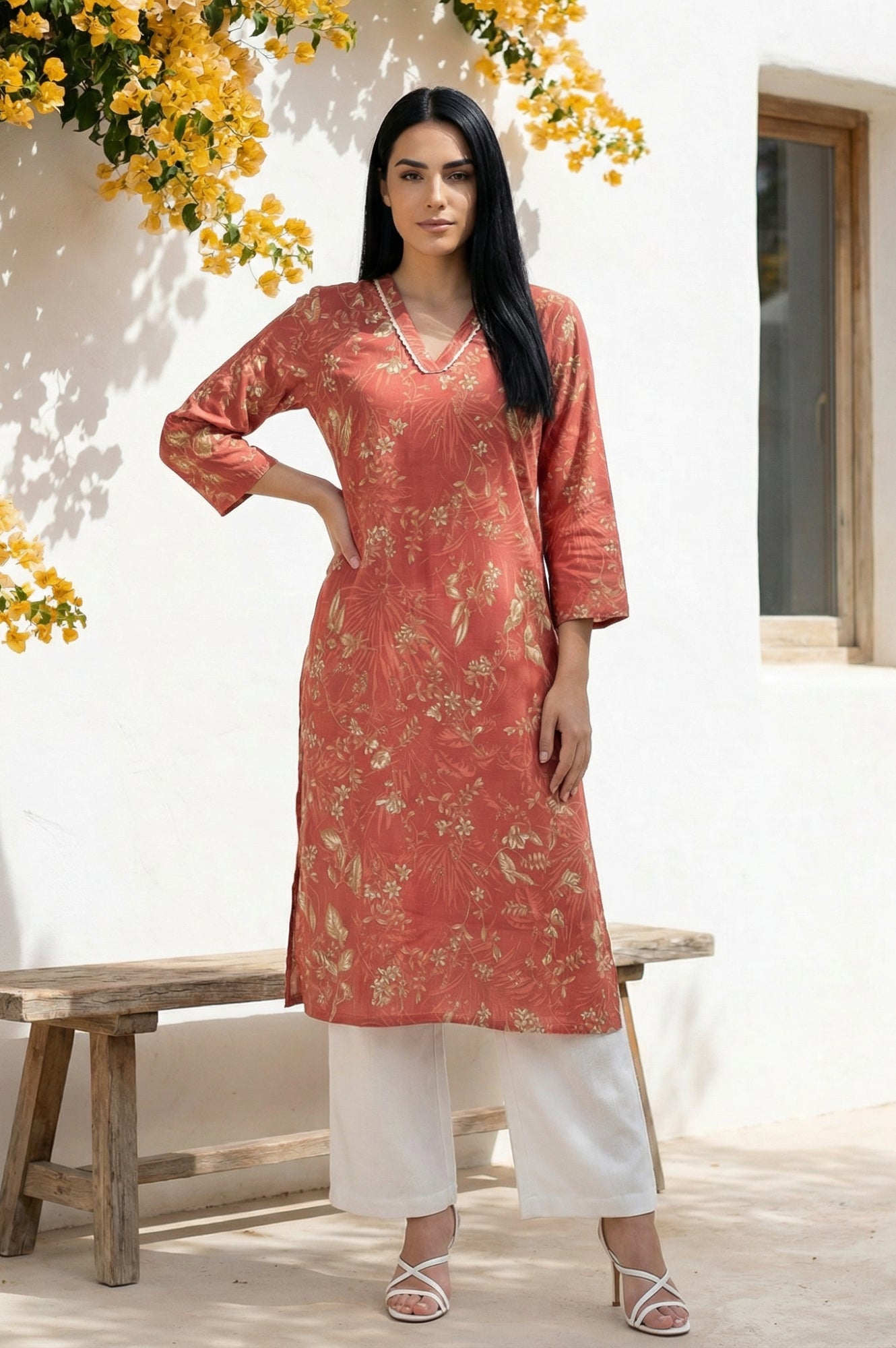 Rust Floral Printed Piping Detail Modal Straight Kurta
