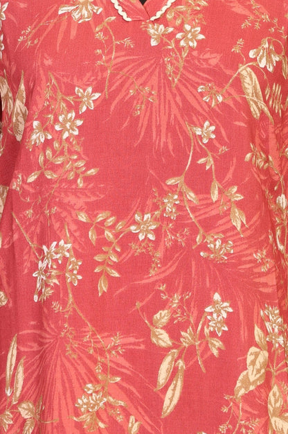 Rust Floral Printed Piping Detail Modal Straight Kurta
