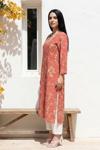Rust Floral Printed Piping Detail Modal Straight Kurta
