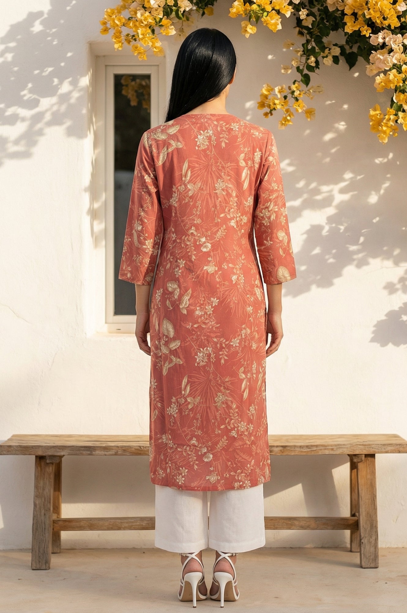Rust Floral Printed Piping Detail Modal Straight Kurta