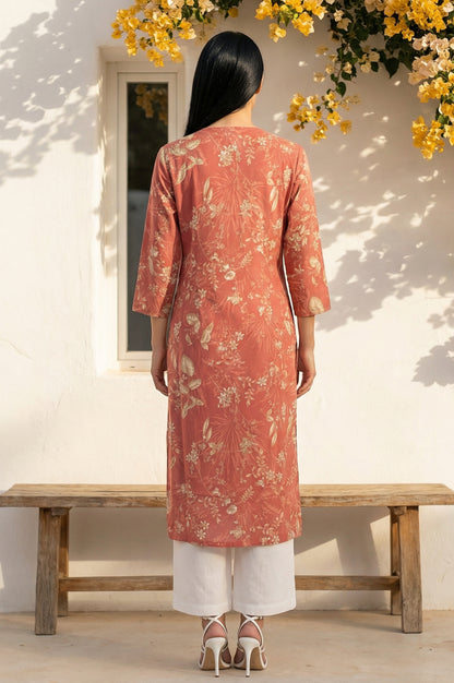 Rust Floral Printed Piping Detail Modal Straight Kurta