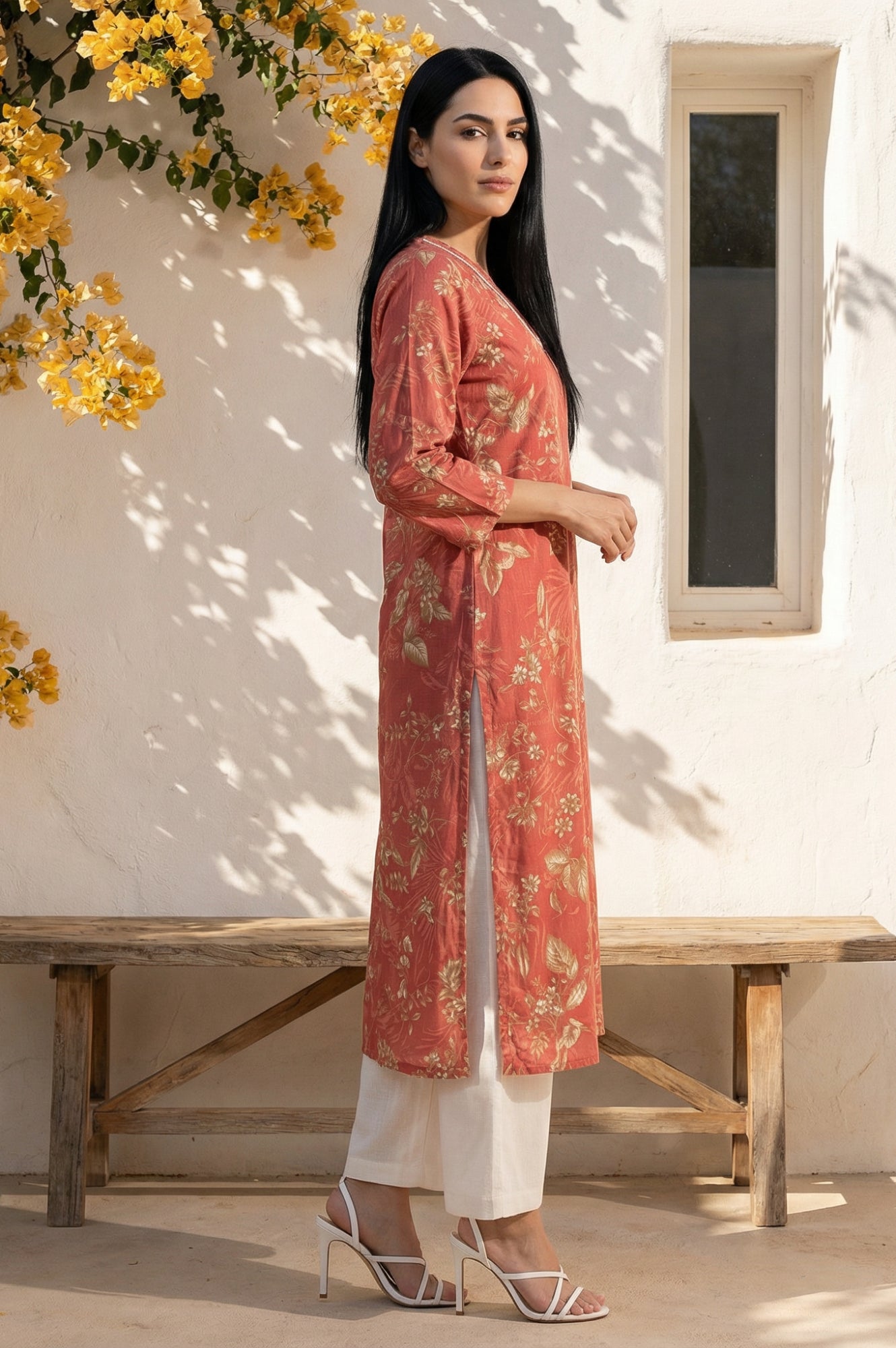 Rust Floral Printed Piping Detail Modal Straight Kurta