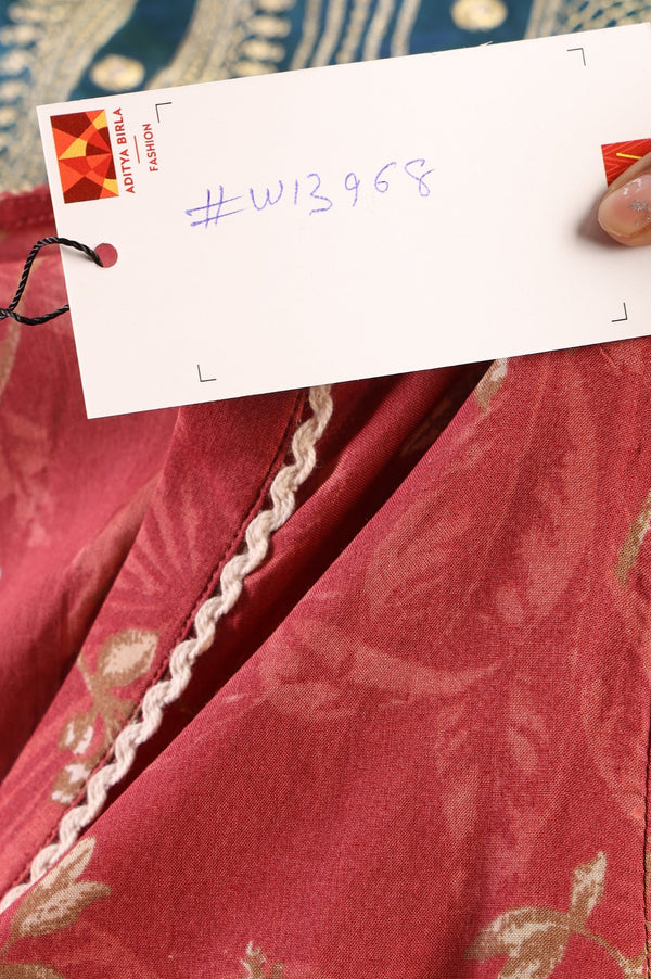 Rust Floral Printed Piping Detail Modal Straight Kurta