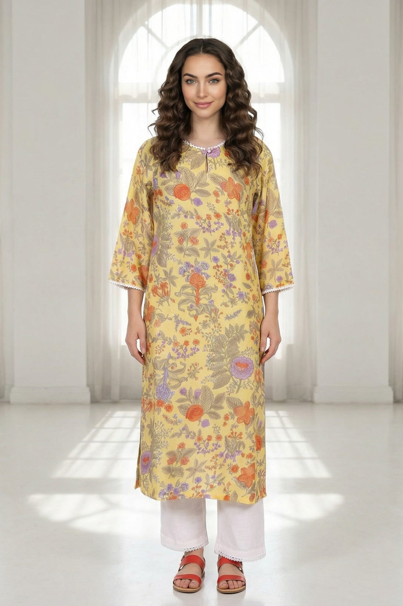 Yellow Floral Printed Pure Cotton Straight Kurta with Lace
