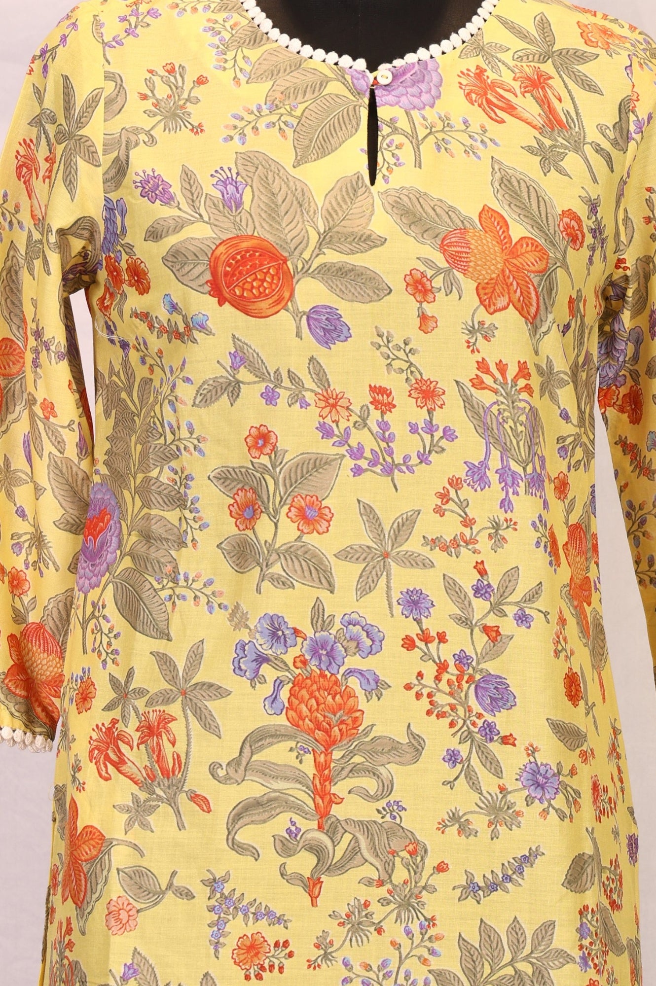 Yellow Floral Printed Pure Cotton Straight Kurta with Lace