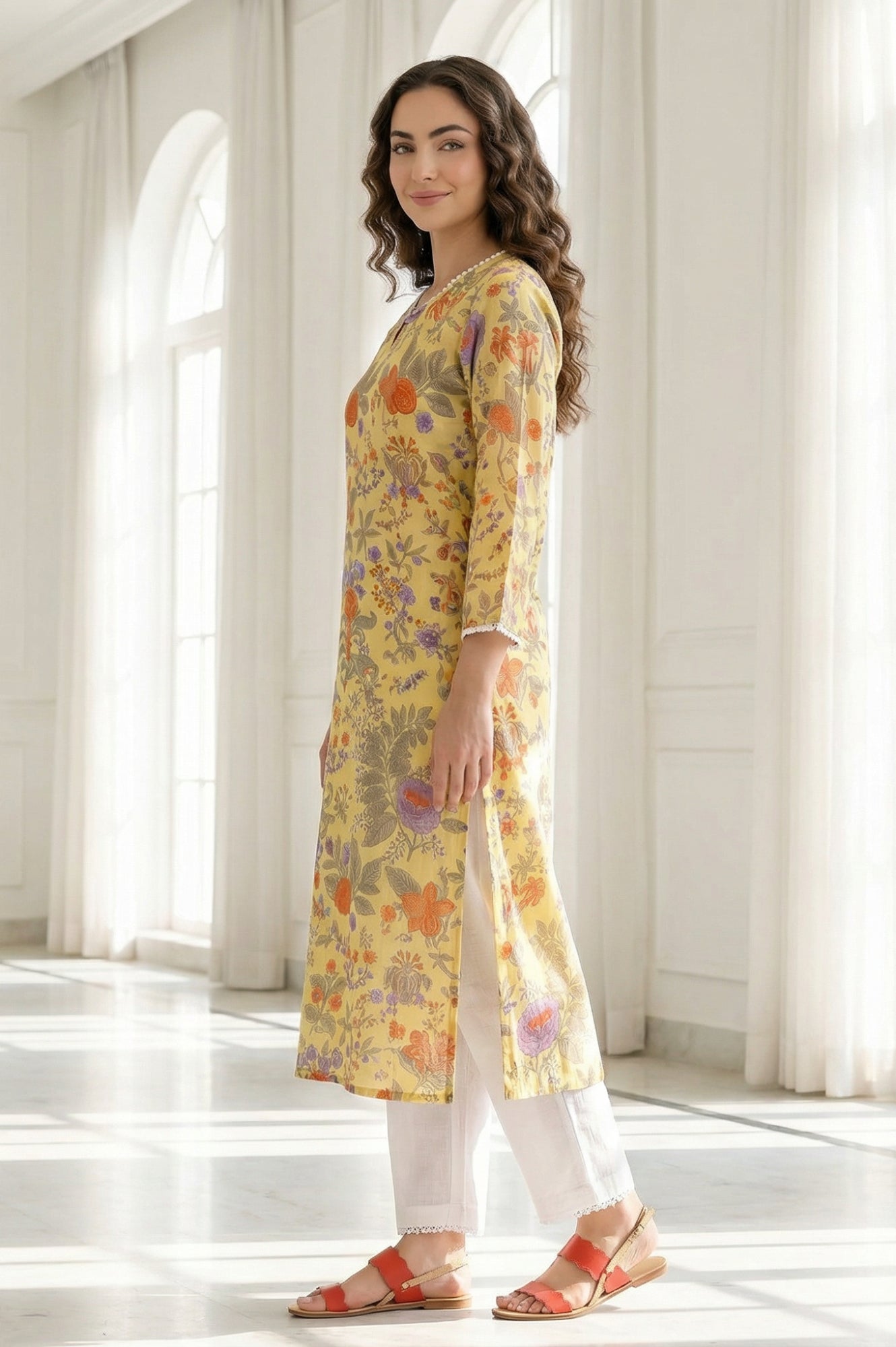 Yellow Floral Printed Pure Cotton Straight Kurta with Lace