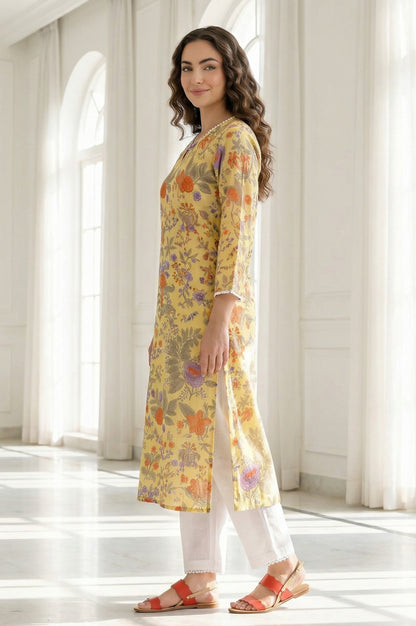 Yellow Floral Printed Pure Cotton Straight Kurta with Lace
