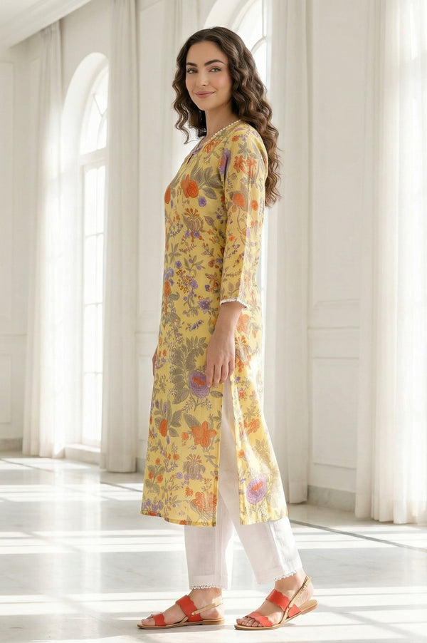 Yellow Floral Printed Pure Cotton Straight Kurta with Lace
