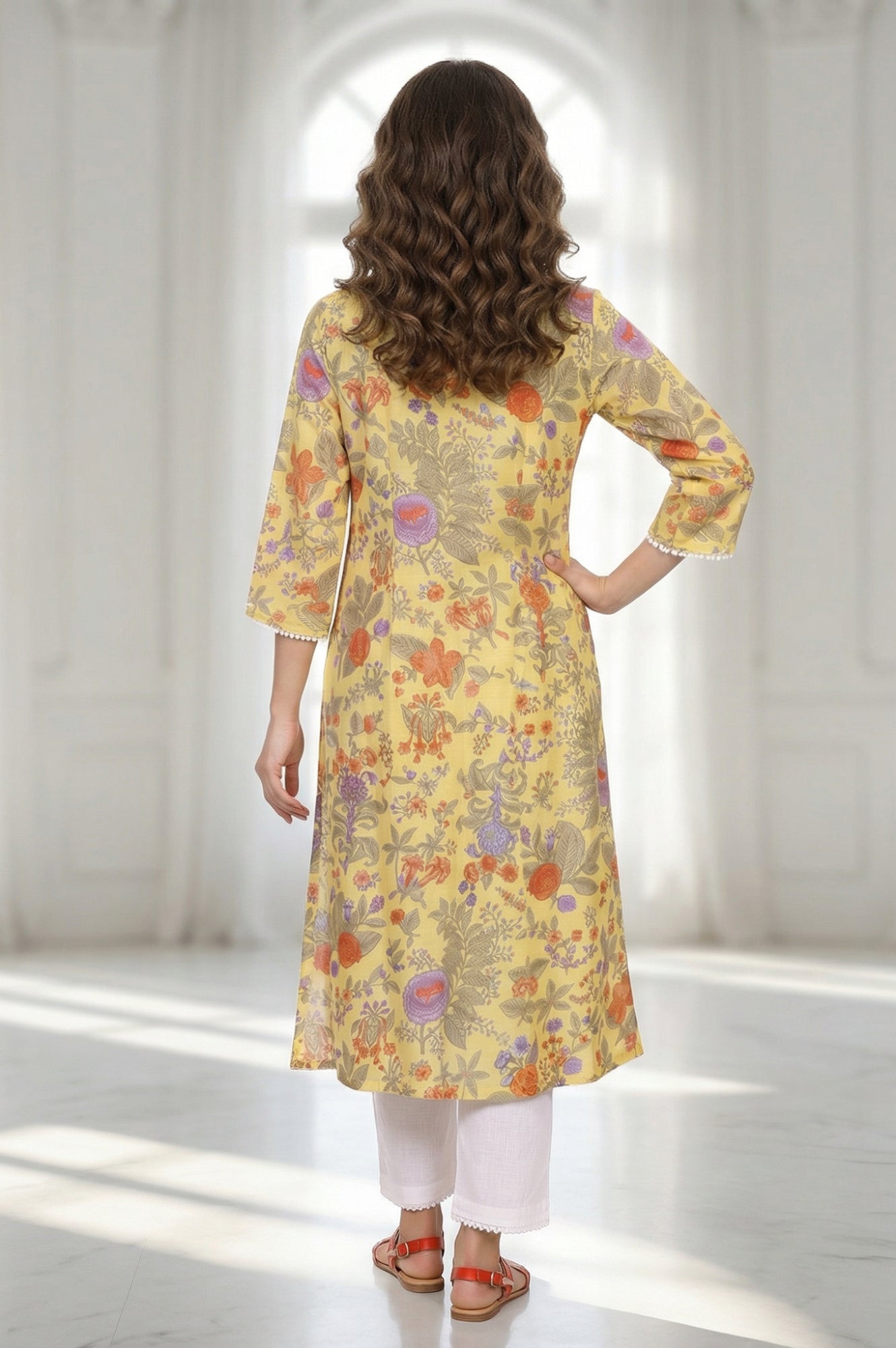 Yellow Floral Printed Pure Cotton Straight Kurta with Lace