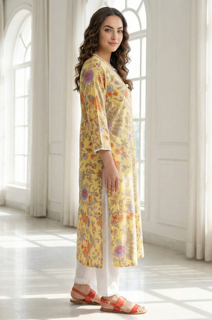 Yellow Floral Printed Pure Cotton Straight Kurta with Lace
