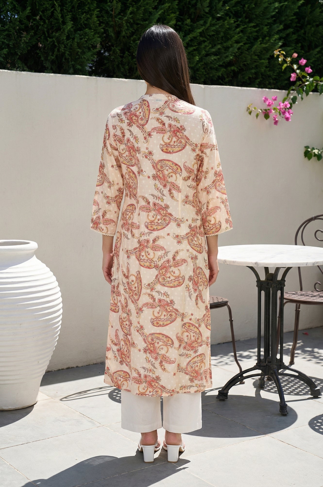 Beige Paisley Printed Pure Cotton Straight Kurta with Lace