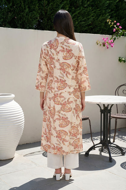 Beige Paisley Printed Pure Cotton Straight Kurta with Lace