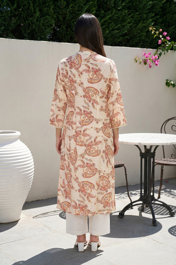 Beige Paisley Printed Pure Cotton Straight Kurta with Lace