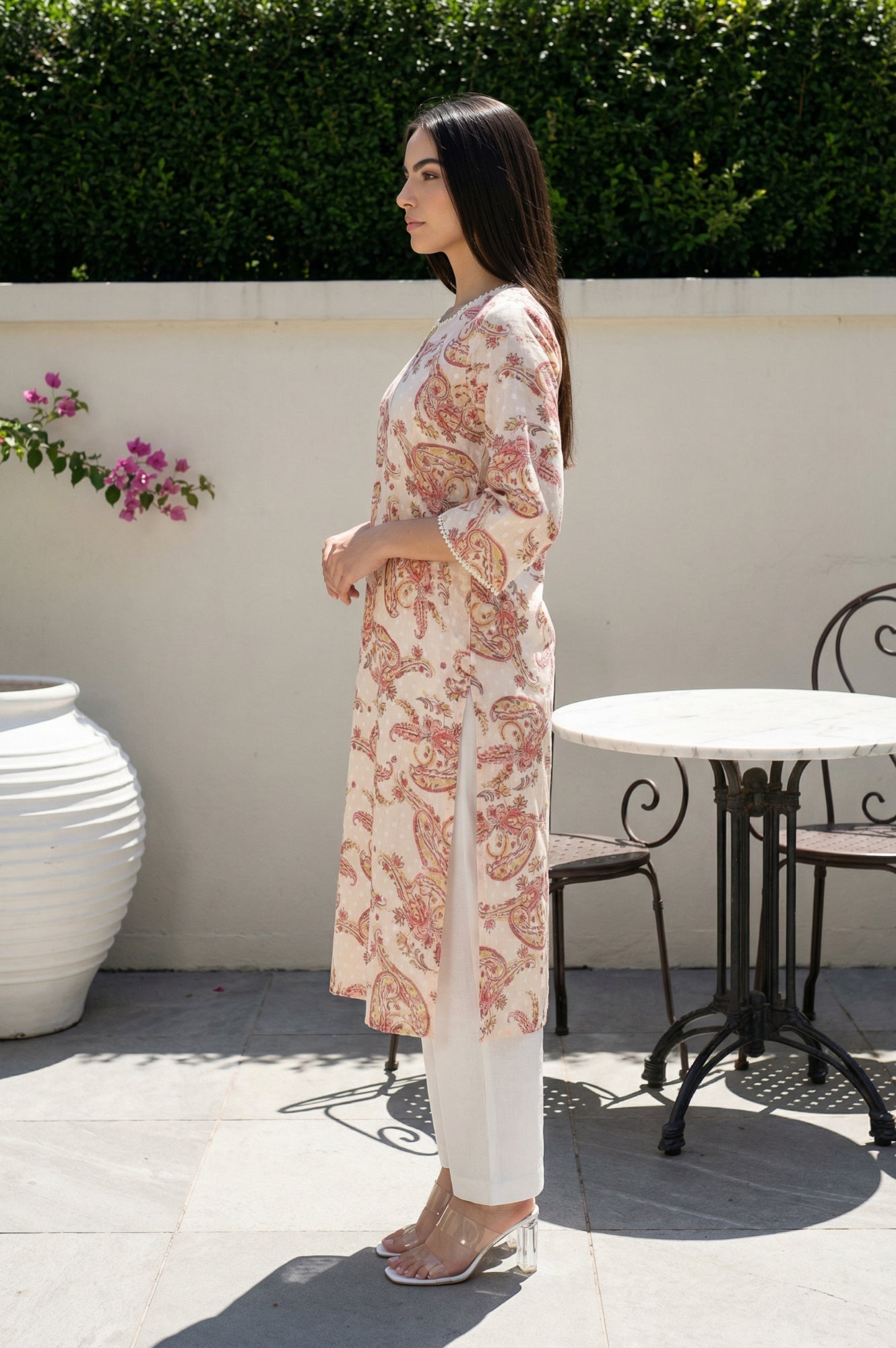 Beige Paisley Printed Pure Cotton Straight Kurta with Lace