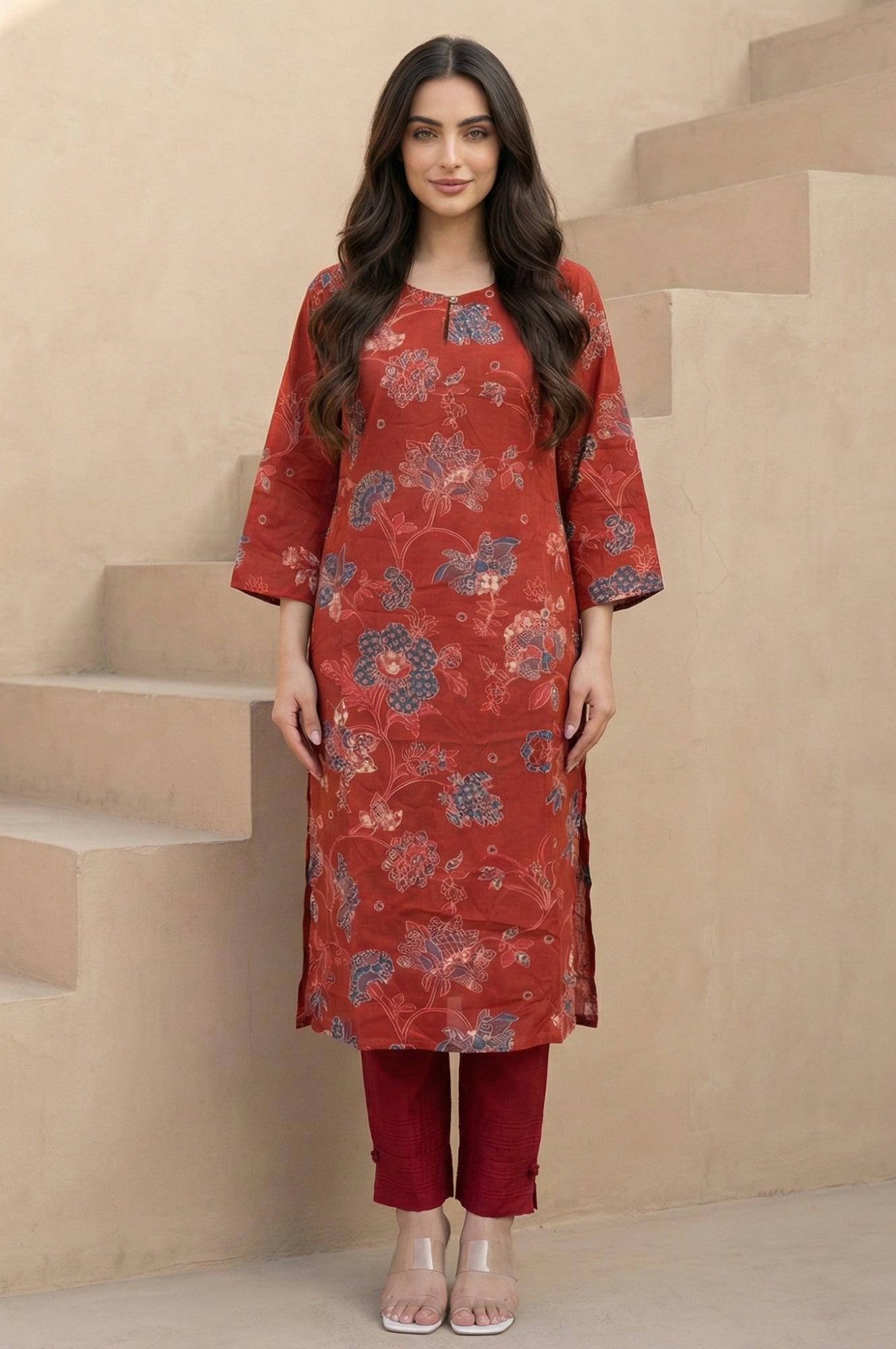Rust Floral Printed Modal Straight Kurta