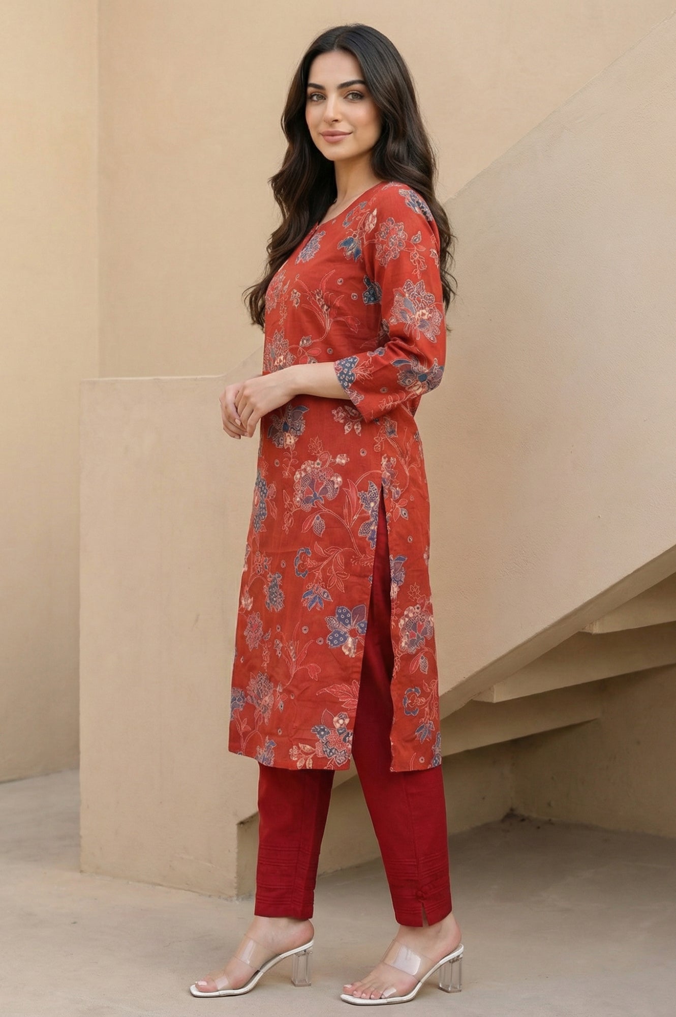 Rust Floral Printed Modal Straight Kurta