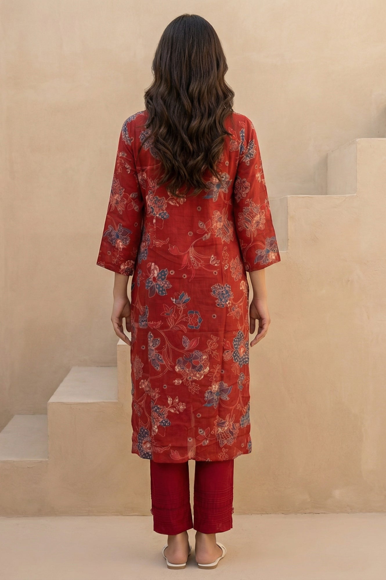 Rust Floral Printed Modal Straight Kurta