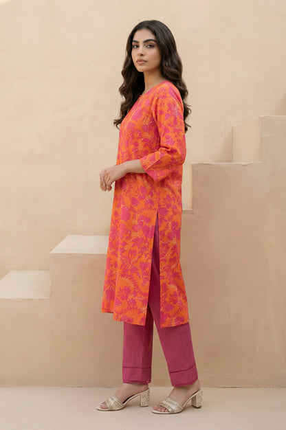 Orange Floral Printed Rayon Straight Kurta