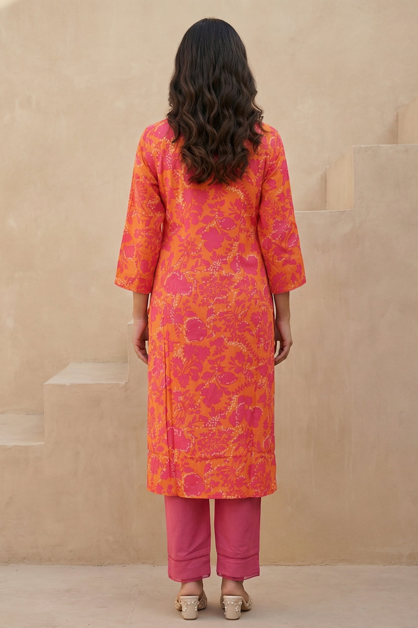 Orange Floral Printed Rayon Straight Kurta