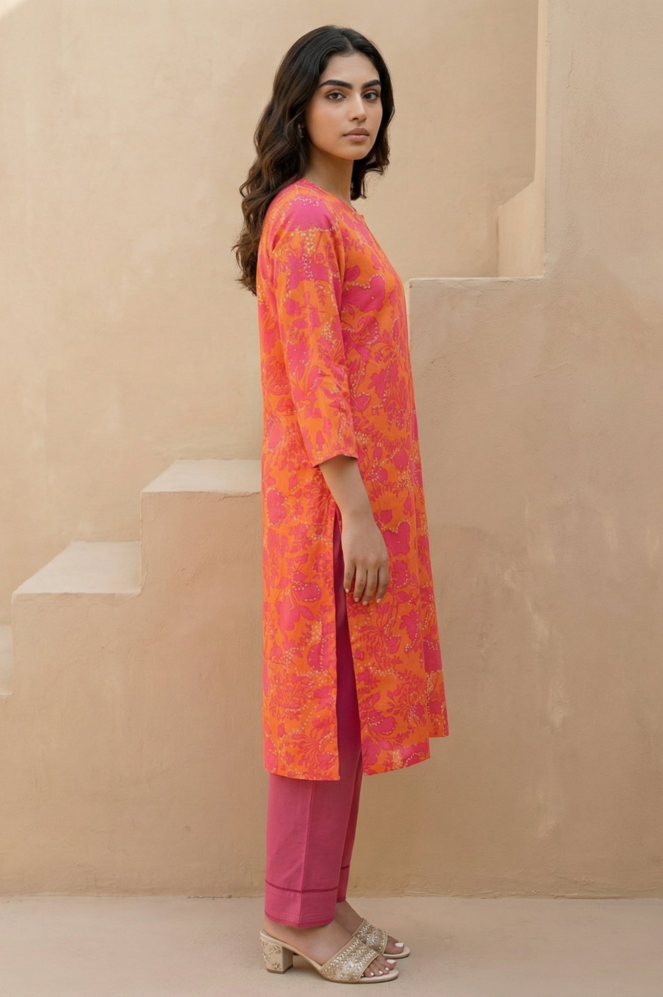 Orange Floral Printed Rayon Straight Kurta