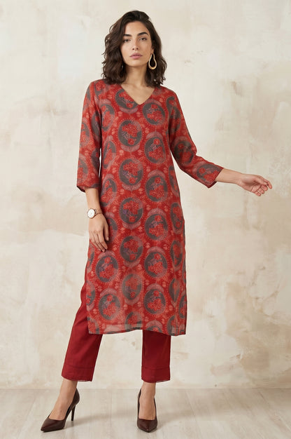 Red Floral Printed Modal Straight Kurta