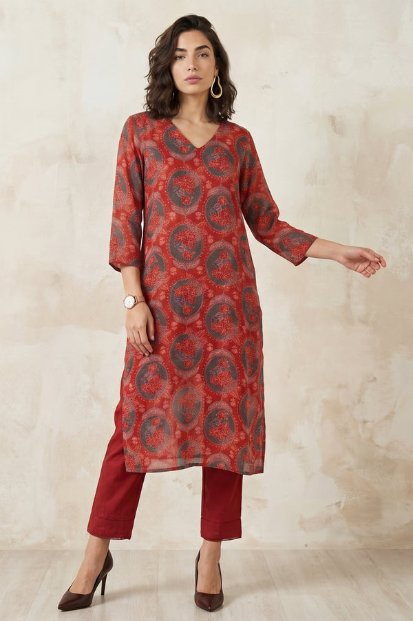 Red Floral Printed Modal Straight Kurta