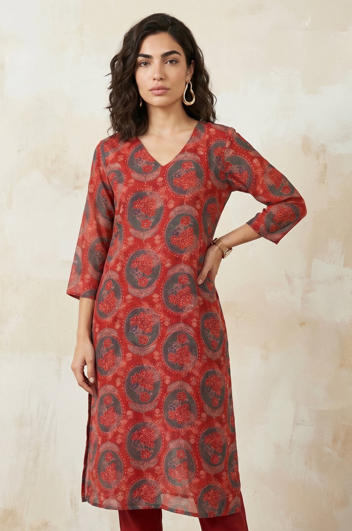 Red Floral Printed Modal Straight Kurta