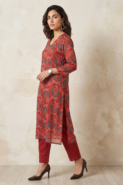 Red Floral Printed Modal Straight Kurta