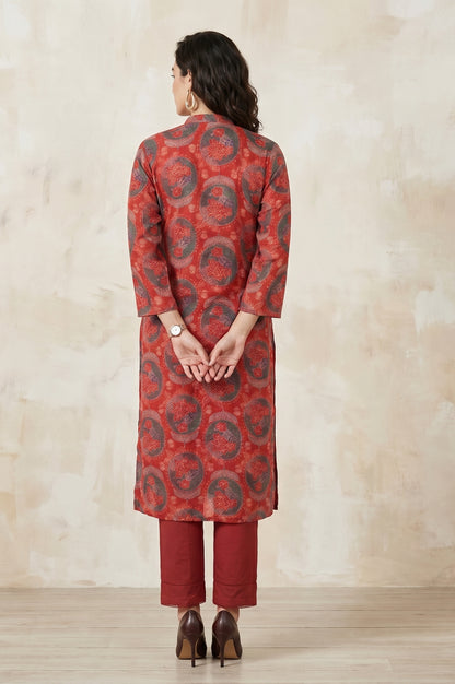 Red Floral Printed Modal Straight Kurta